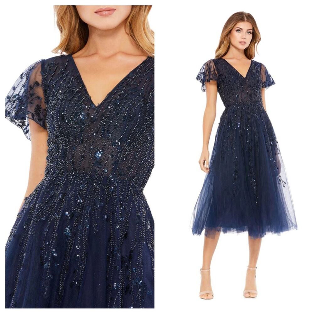 NWT MAC DUGGAL Embellished Flutter Sleeve Tulle Beaded Midi Dress in Midnight